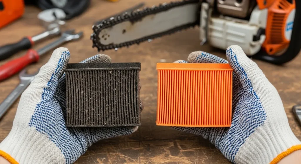 Mains gantées tenant un filtre à air de tronçonneuse encrassé vs un filtre neuf