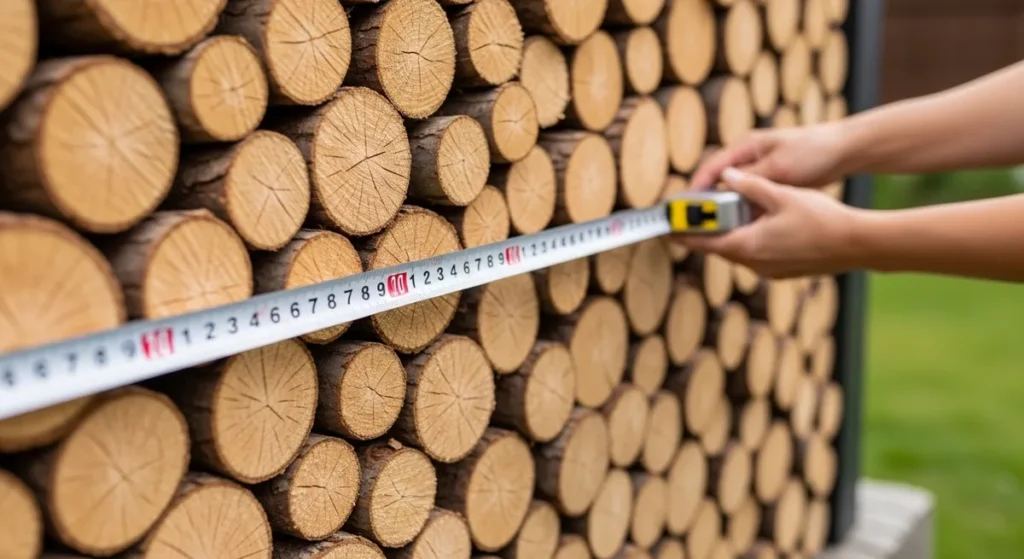 Calcul d'un stère de bois : formule exacte, coefficients et exemples concrets 2 Mètre ruban mesurant un tas de bûches