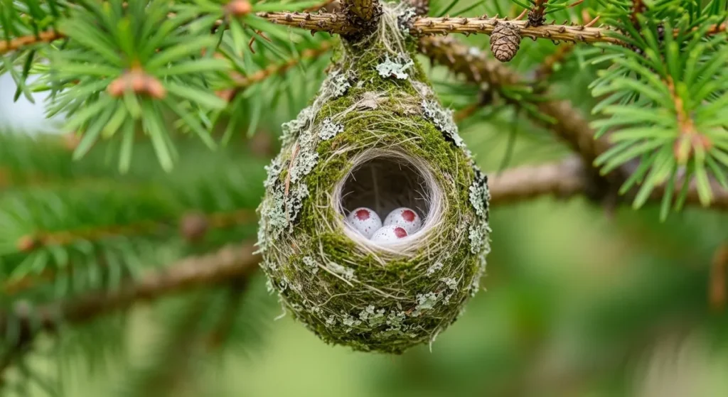 Le roitelet des jardins : tout sur ce minuscule oiseau aux mille surprises 2 Nid de roitelet suspendu à un rameau