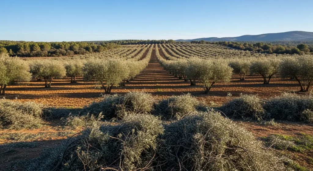Oliveraie dans la garrigue provençale avec résidus de coupe