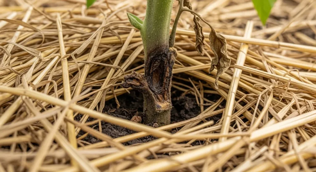 Paillage au potager : quels matériaux choisir et comment bien les utiliser 5 Pied de tomate dont le collet est sous un paillis