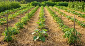 Potager avec rangs de légumes paillés