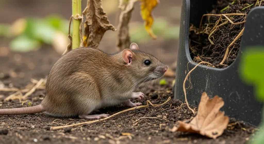 Crotte de rat : reconnaître, nettoyer et éloigner les rongeurs du potager 4 Rat brun près d'un bac à compost