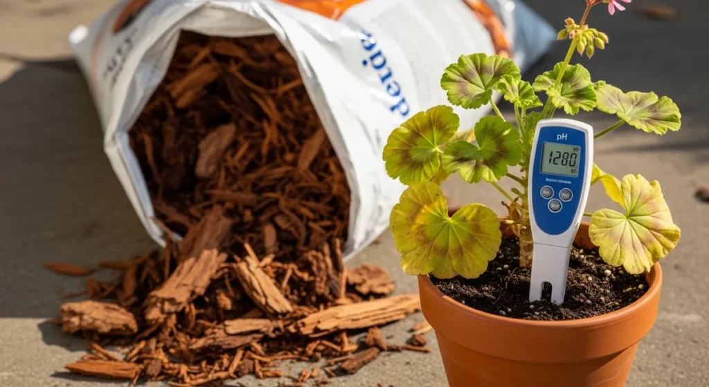 Paillage au potager : quels matériaux choisir et comment bien les utiliser 4 Sac décorce de pin et pot de géranium