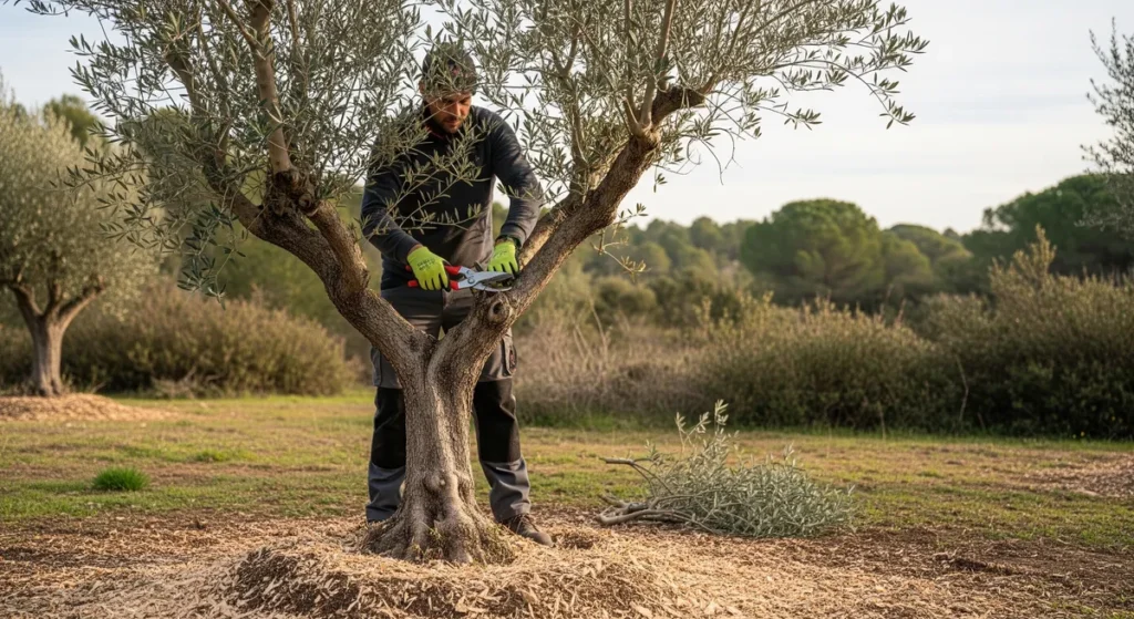 Entretenir un olivier : les 5 interventions vraiment indispensables 1 Taille des rameaux d'olivier par un jardinier