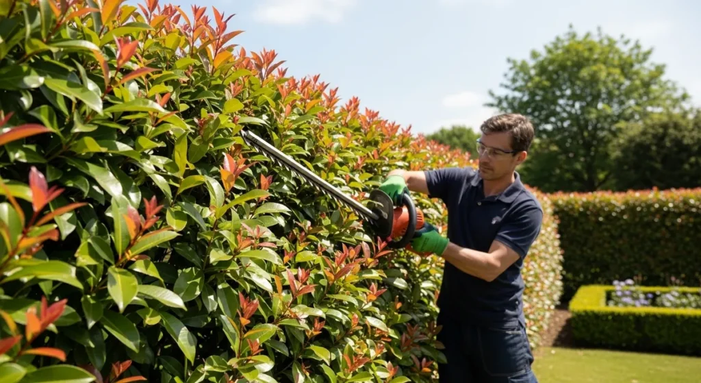 Haie brise-vue fleurie : 10 arbustes pour allier intimité et beauté 6 Taille haie électrique sur photinia