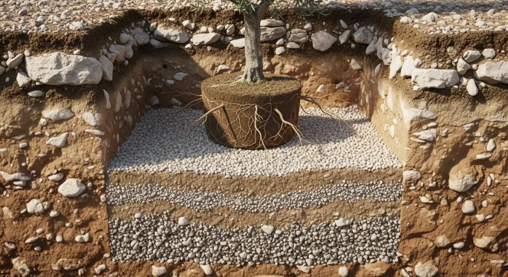 Vue en coupe d'un sol draine pour plantation olivier