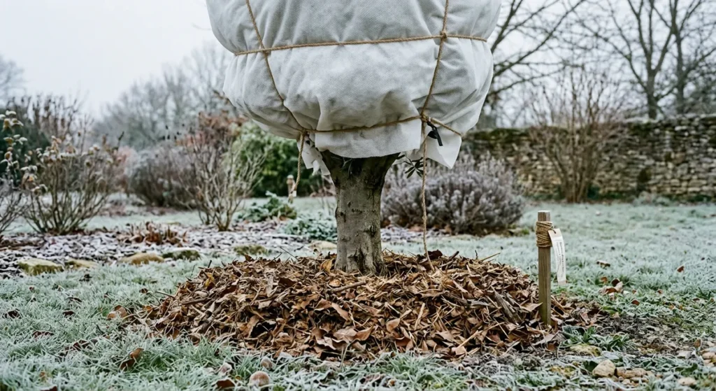 Feuilles d'olivier qui tombent anormalement : causes et solutions concrètes 7 voile d'hivernage et paillage pour l'hiver sur olivier