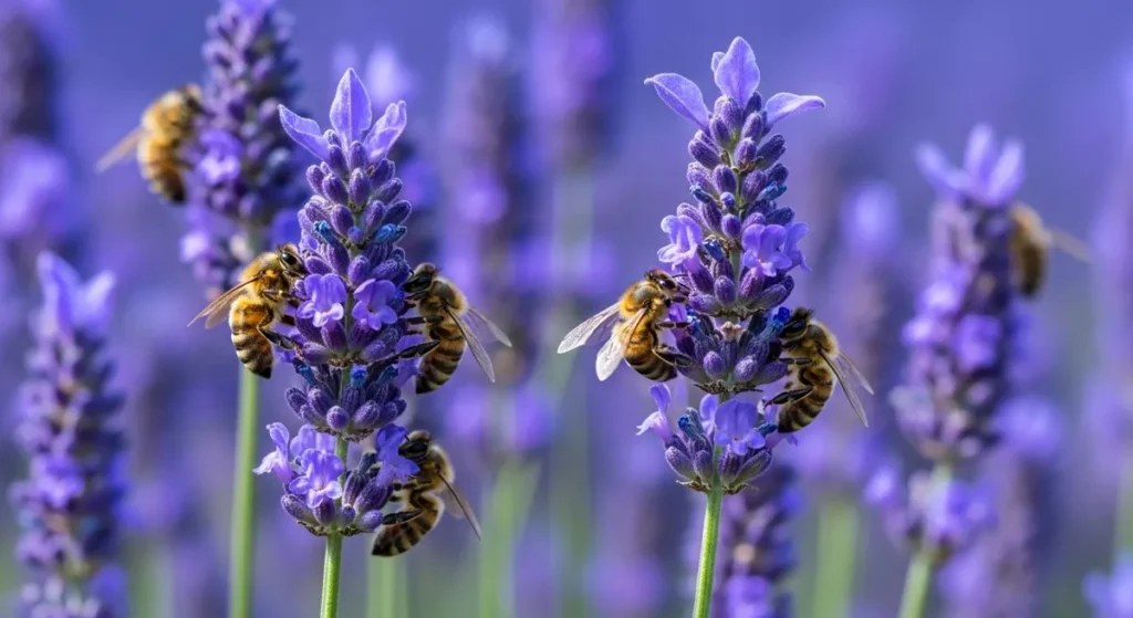 Abeilles qui butinent sur épis de lavande mauve