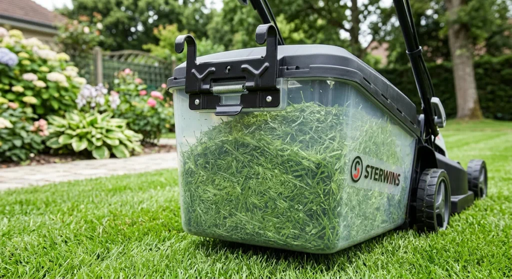 Tondeuse Sterwins : notre avis après analyse des retours terrain 4 Bac de ramassage transparent d'une tondeuse Sterwins