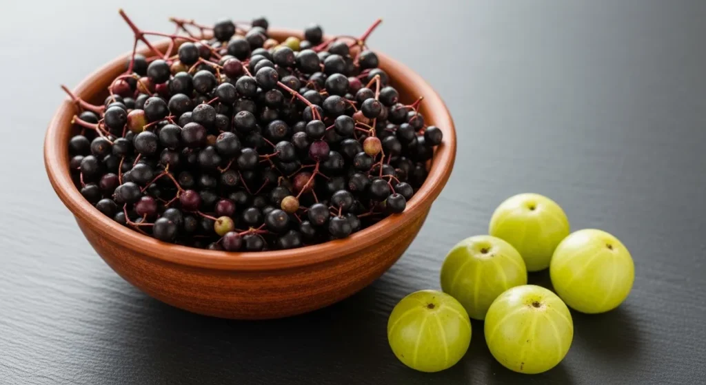 Baies de sureau et quelques fruits d'emblic