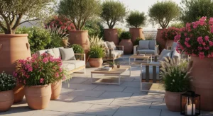 Plantes en pot pour terrasse : sélection et conseils d'aménagement Belle terrasse moderne avec plusieurs grands pots en terre cuite