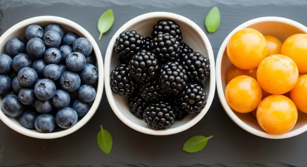 Fruit en m : la liste complète des fruits qui commencent par M 2 Bols de myrtilles, mûres et mirabelles