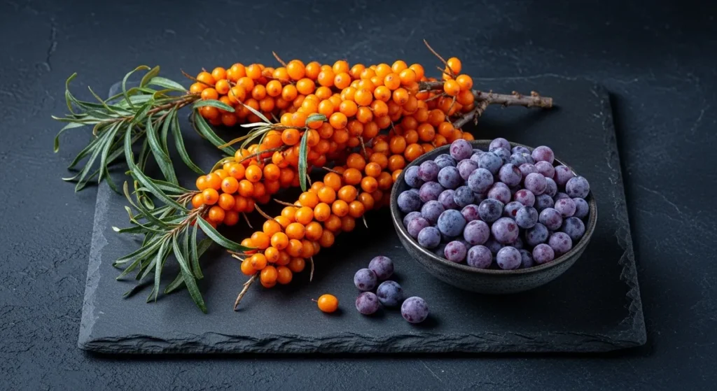 Fruit en h : la liste complète des fruits qui commencent par H 1 Branche 'argousier et bol de honeyberries