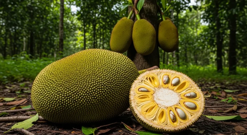 Fruit en j : la liste complète des fruits qui commencent par J 1 Jacquier posé au sol dans un milieu tropical