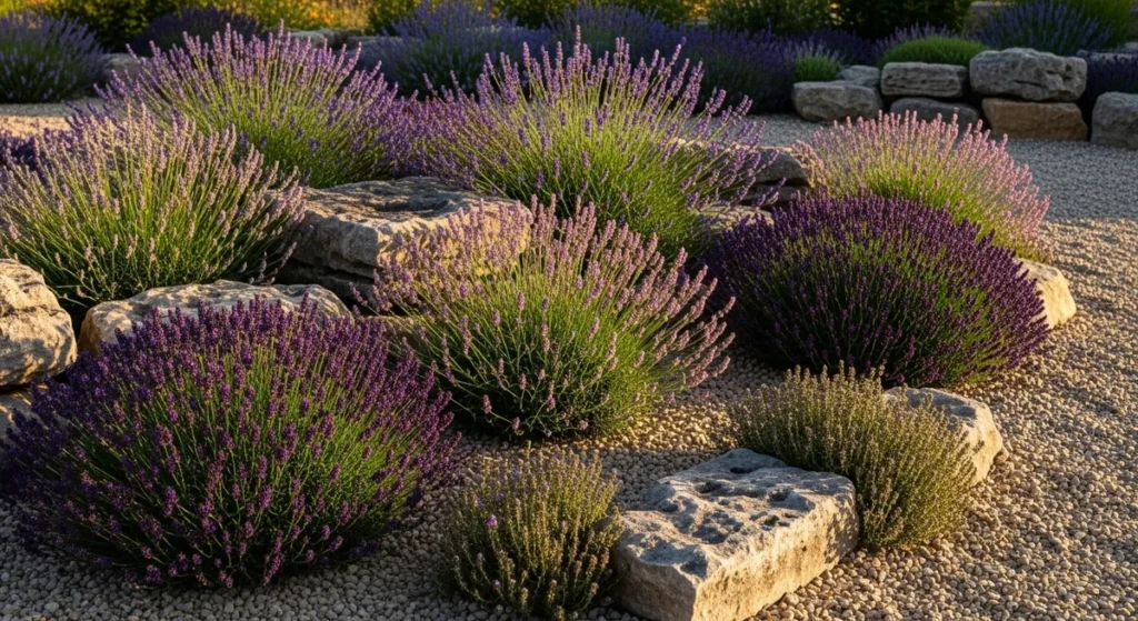 Jardin de graviers avec plusieurs variétés de lavande