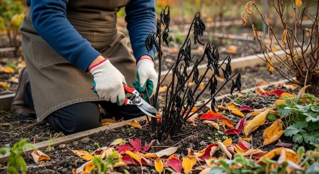 Jardinier coupant les tiges de pivoines après le premier gel automnal