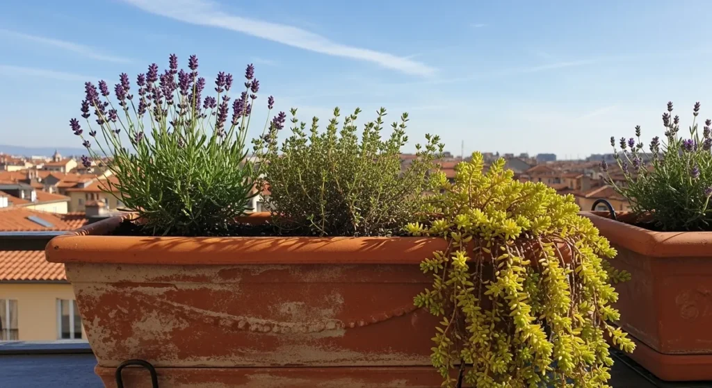 Jardinière en terre cuite sur balcon ensoleillé
