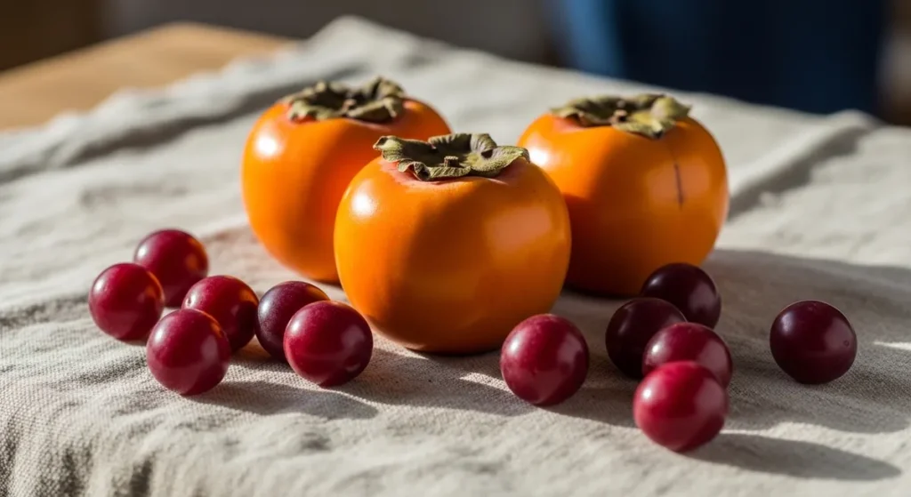 Fruit en d : la liste complète des fruits qui commencent par D 3 Kakis orange mûrs et prunes damassines