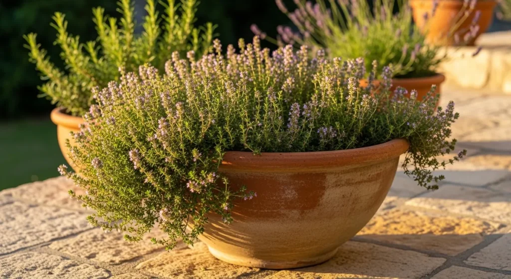 Large pot avec thym commun bien développé en terrasse