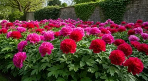 Massif de pivoines de Chine en fleurs