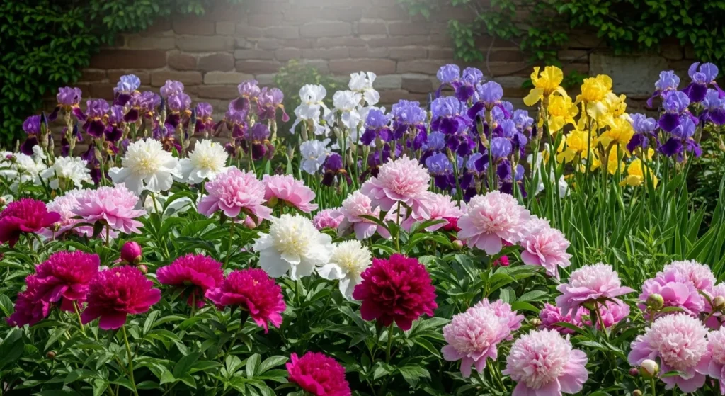 Massif mixte de pivoine de Chine et d'iris