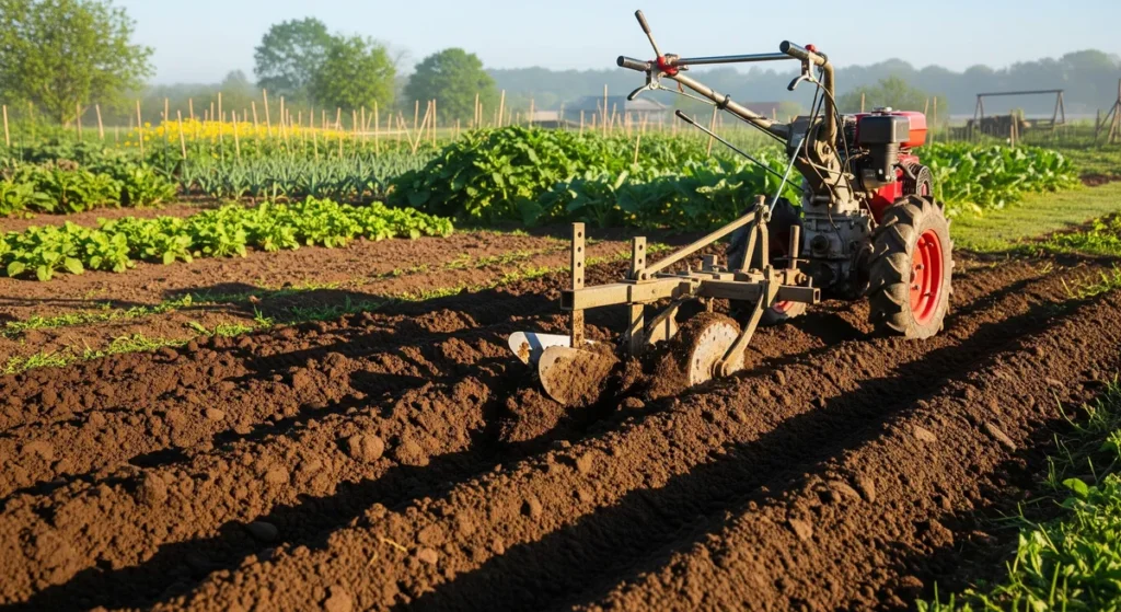 Motoculteur ou rotovator : différences, usages et comment choisir le bon engin 2 Motoculteur équipé d'une charrue simple soc