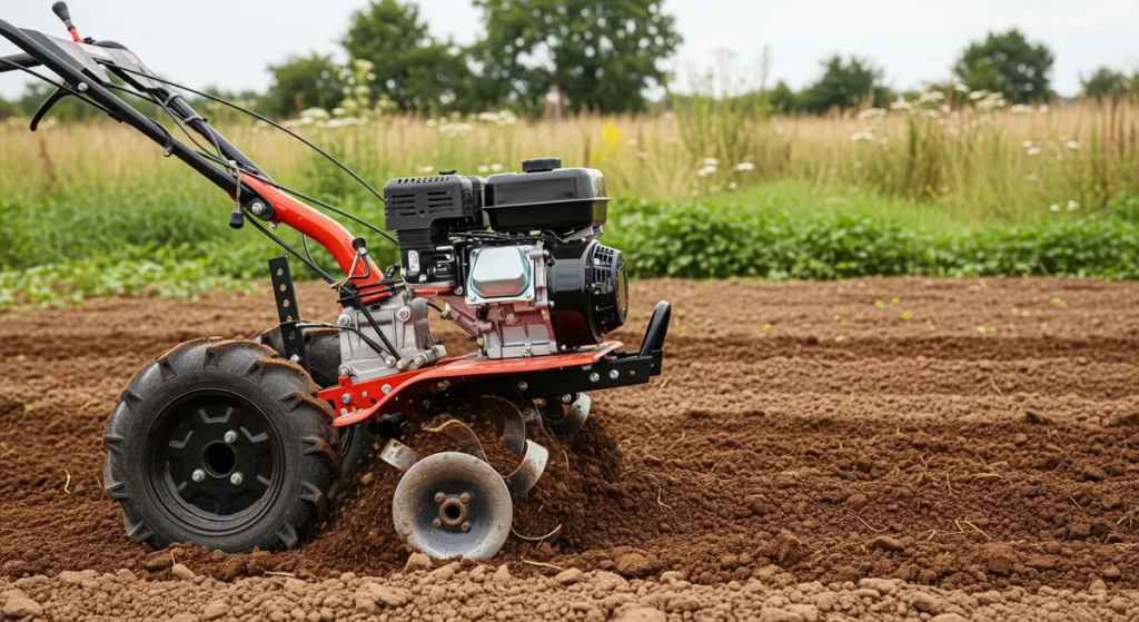 Motoculteur ou rotovator : différences, usages et comment choisir le bon engin 1 Motoculteur thermique en train de fraiser une terre argileuse