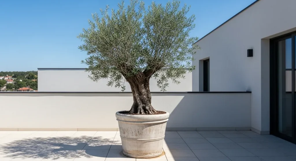 Plantes en pot pour terrasse : sélection et conseils d'aménagement 1 Olivier dans une jarre patinée sur terrasse ensoleillée