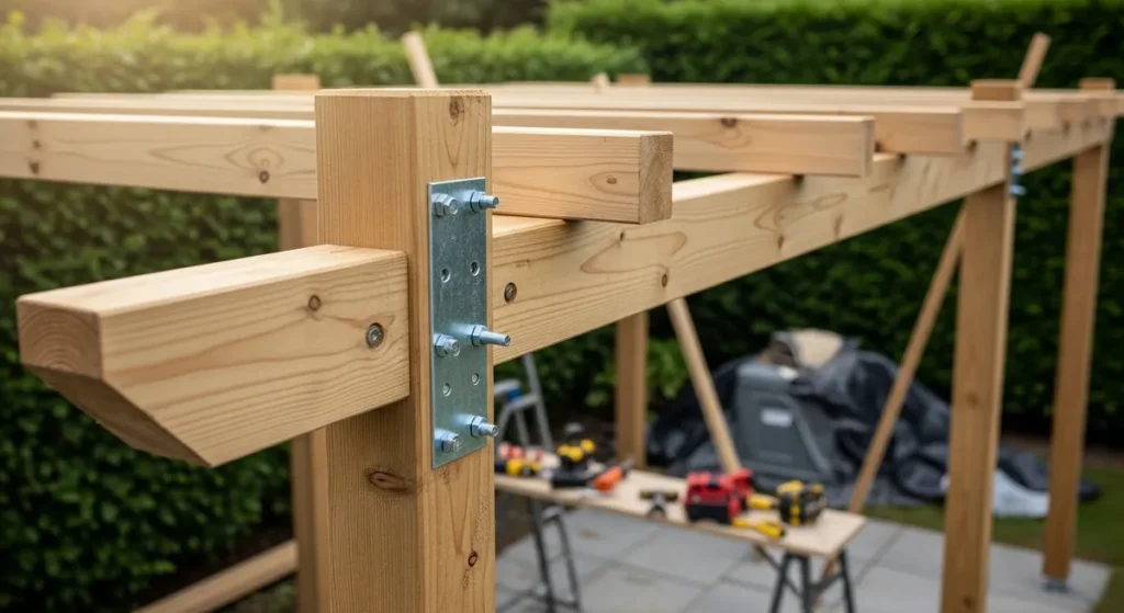 Pergola en bois faite maison : matériaux, étapes et conseils pour réussir votre construction 3 Pergola en cours de construction traverses posées