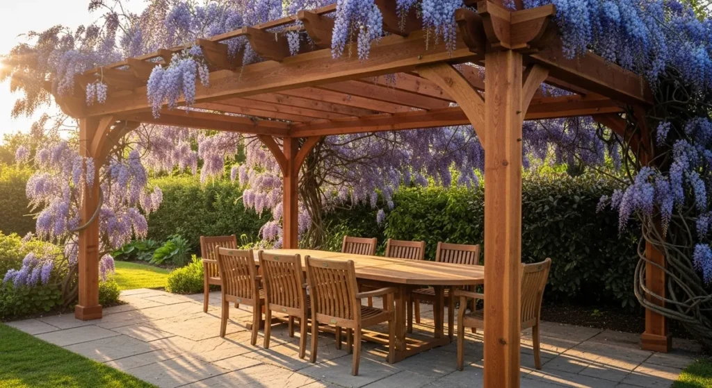 Pergola en bois faite maison : matériaux, étapes et conseils pour réussir votre construction 4 Pergola terminée couverte de glycine