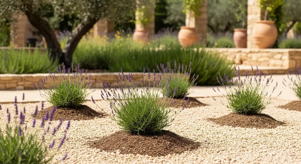 Pieds de lavande plantés en petites buttes