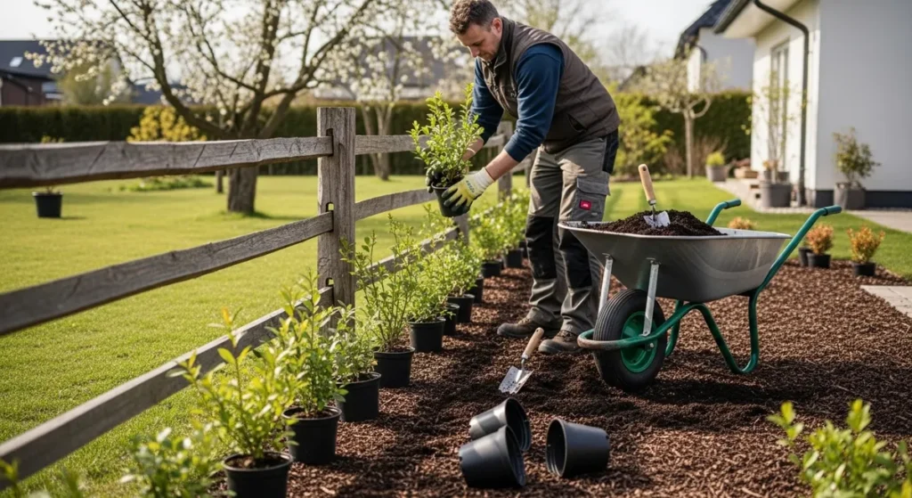 Plantation arbustes en godet le long d'une cloture en bois