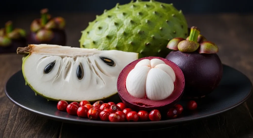 Fruit en g : la liste complète des fruits qui commencent par G 4 Plateau exotique avec guanabana, mangoustan et guarana