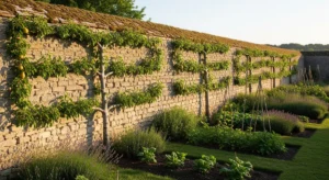 Potager mural traditionnel avec plusieurs poiriers palissés en palmette