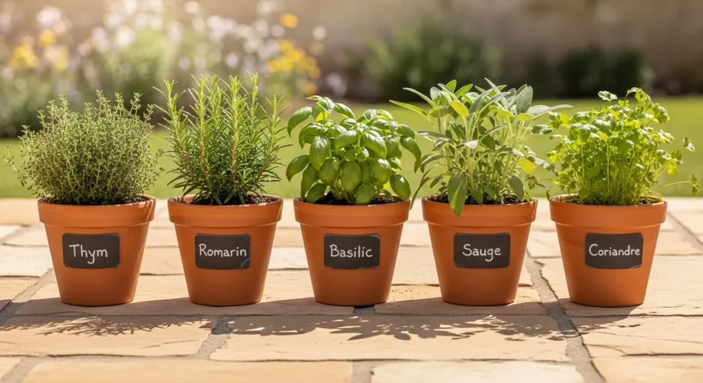 Plantes en pot pour terrasse : sélection et conseils d'aménagement 4 Rangée d'aromatiques en pots