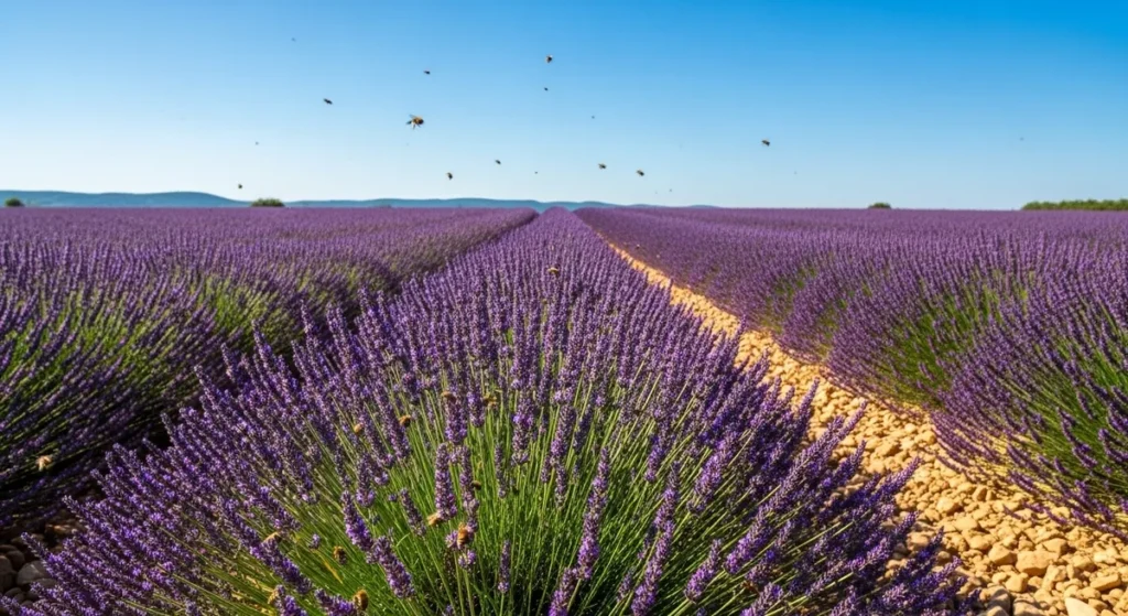 Rangées de lavande violette en pleine floraison