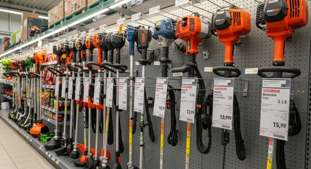 Rayon de magasin de jardinage avec plusieurs modèles de débroussailleuses multifonction
