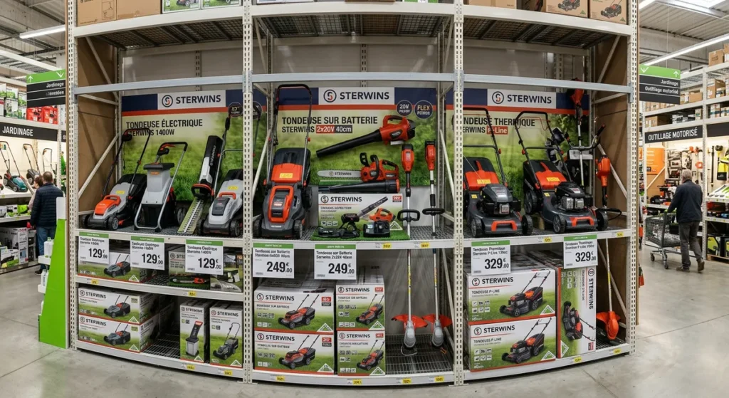 Tondeuse Sterwins : notre avis après analyse des retours terrain 1 Rayonnage Leroy Merlin avec plusieurs modèles Sterwins