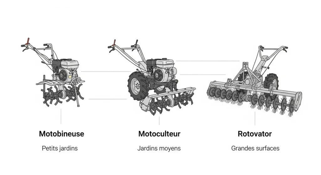 Motoculteur ou rotovator : différences, usages et comment choisir le bon engin 4 Schéma illustratif comparant une motobineuse, un motoculteur et un rotovator