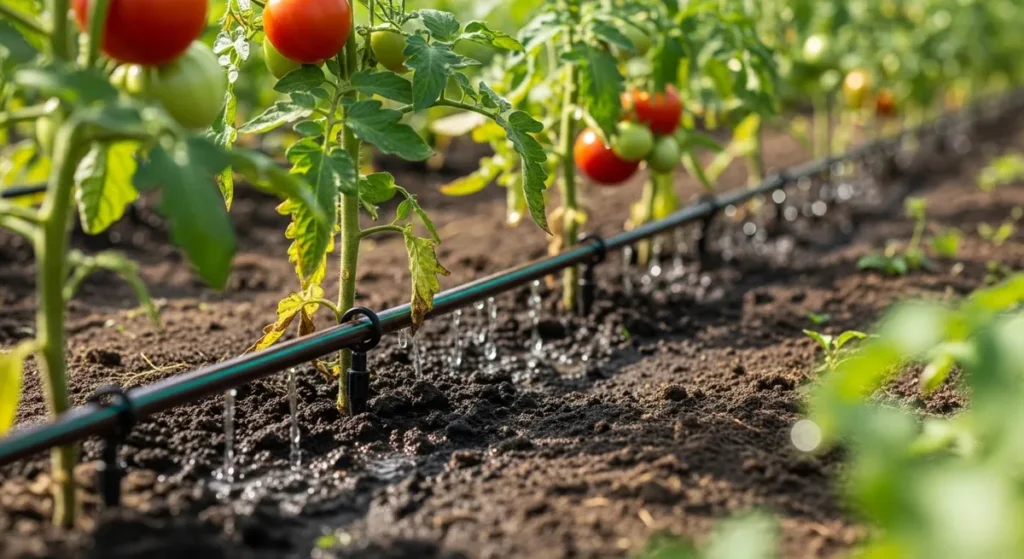 Arrosage goutte à goutte : comprendre le système, choisir le bon matériel et installer son réseau 1 Tuyau d'arrosage goutte à goutte au pied de plants de tomate