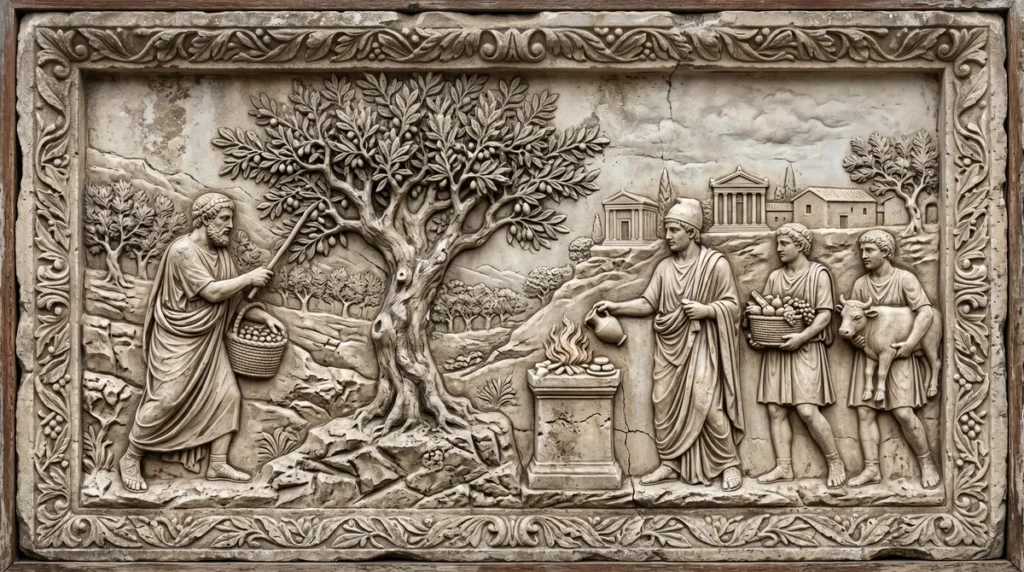Bas relief romain d'une scène agricole ave olivier