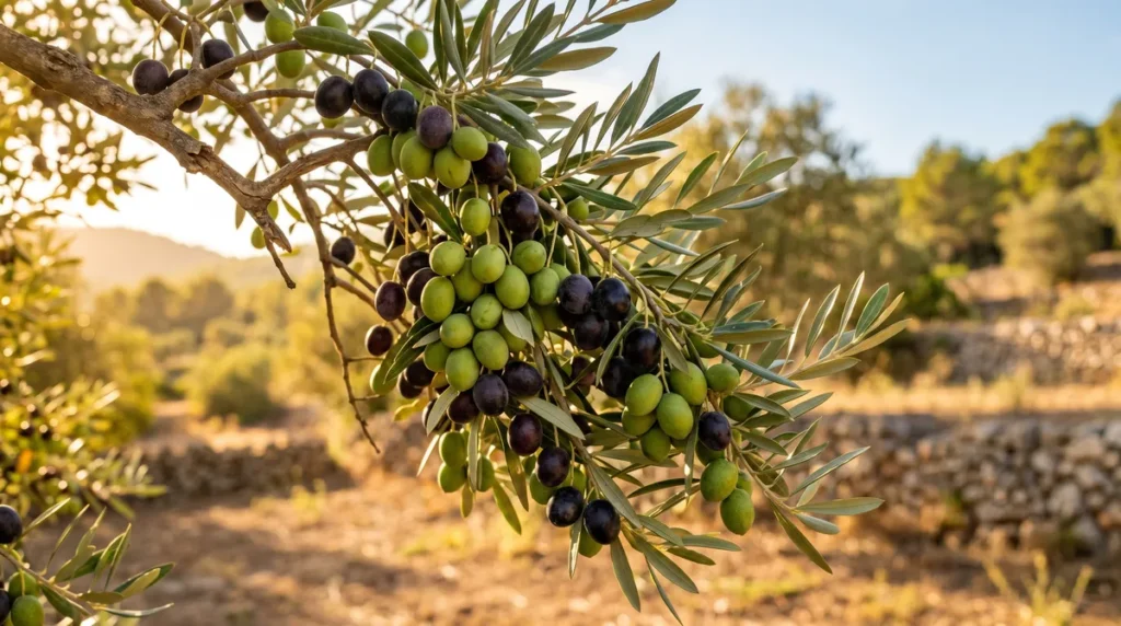 Alternance de production chez l'olivier : comprendre et régulariser ses récoltes 4 Branche d'olivier chargée d'olives picholines