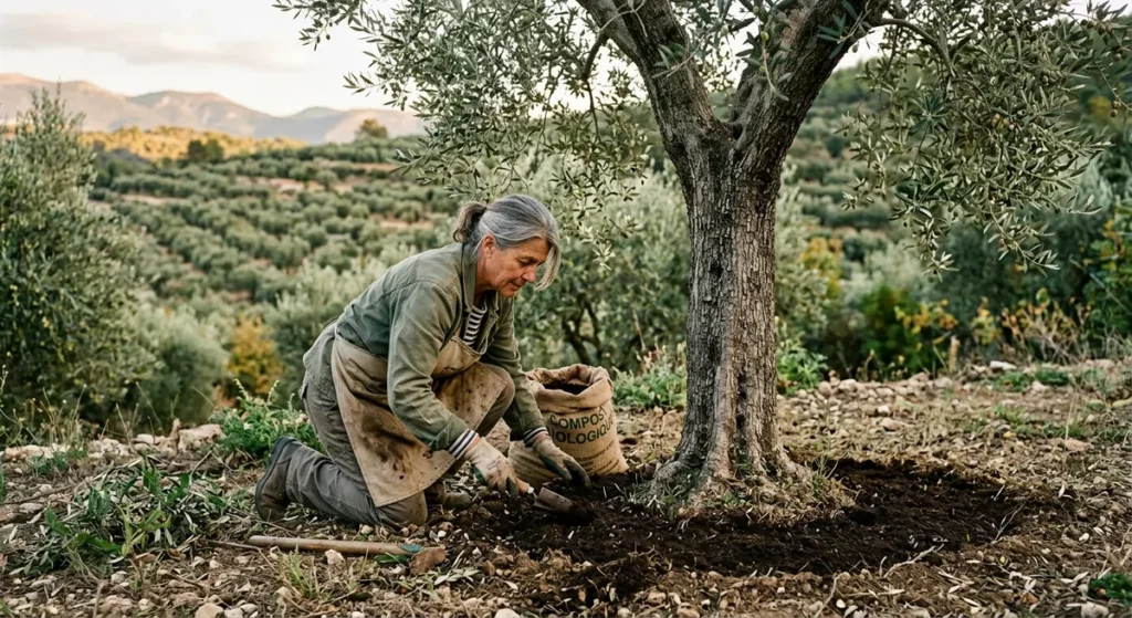 Le Réveil de l'Oliveraie au Printemps : les Travaux Essentiels à Ne Pas Manquer 2 Epandage de compost au pied d'un olivier