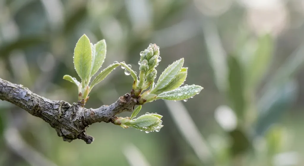 Le Réveil de l'Oliveraie au Printemps : les Travaux Essentiels à Ne Pas Manquer 1 Jeunes bourgeons sur branche d'olivier