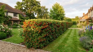 Haie de pyracantha interdite : ce que dit vraiment la loi en 2026 Longue haie de pyracantha formant une délimitation de propriété