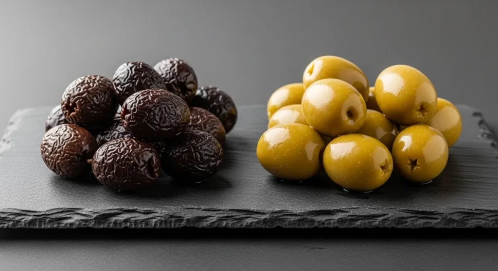 Olives noires ridées à maturité et olives vertes fermes
