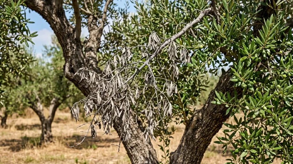 Décontamination du sol en oliveraie : méthodes et bonnes pratiques 1 Olivier présentant une branche desséchée