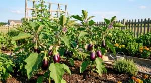 Plants d'aubergine en potager