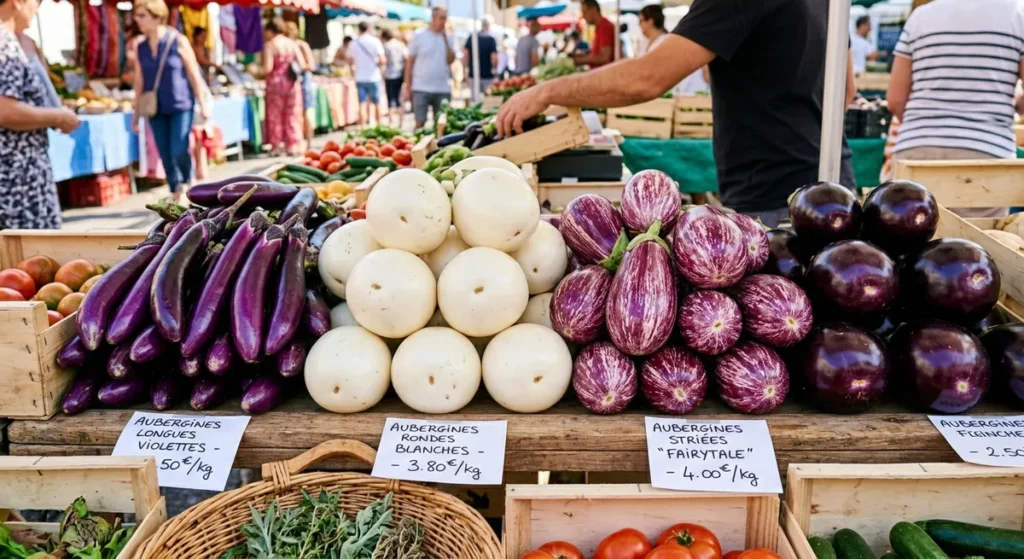 Plusieurs variétés d'aubergines au marché